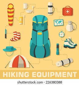 Flat colorful vector tourist equipment infographic. Icons background concept design