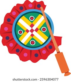 Flat colorful vector of traditional Nokshi hand fan used in Bengali New Year celebrations and rural cultural events, ideal for ethnic design theme. Colorful Nokshi Hand Fan Vector for Bengali New Year