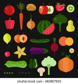 Flat colorful vegetables and fruits collection on black backgrund