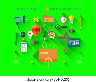 Flat colorful web banner template design with icons signs of computer software update, mobile application services, download and install. Modern vector illustration concept for website or infographic