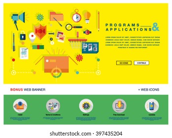 Flat colorful web banner template design with outline icons of computer software update, mobile application services, download and install. /vector illustration concept for website or infographic