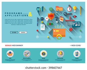 Flat colorful web banner template design with outline icons of computer software update, mobile application services, download and install. Modern vector illustration concept for website, infographic