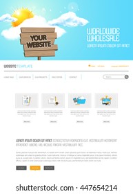 Flat Colorful Website Template Design. Elements set of ui ux desin. Vector one page style with wooden plaque
