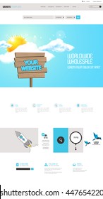 Flat Colorful Website Template Design. Elements set of ui ux desin. Vector one page style with wooden plaque

