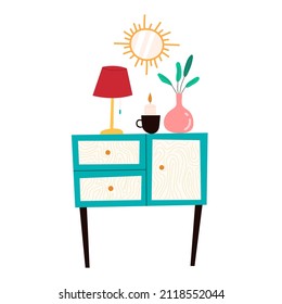 flat colorful wooden bedside table with vase, floor lamp, candle. hand drawn cabinet for a cozy Scandinavian interior.isolated designer nightstand.modern furniture.
