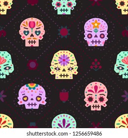 Flat colorfull skulls vector seamless pattern. Mexican Day of the death design style. Part one.