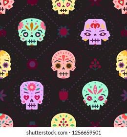 Flat colorfull skulls vector seamless pattern. Mexican Day of the death design style. Part two.