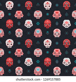 Flat colorfull skulls vector seamless pattern red, pink and blue. Mexican Day of the death design style. Part two.