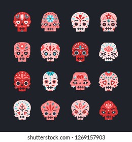 Flat colorfull skulls vector set red, pink and blue. Mexican Day of the death design style.
