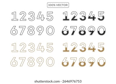 Flat colors numbers with endings made of golden ribbons isolated on transparent background. Vector decorative illustration