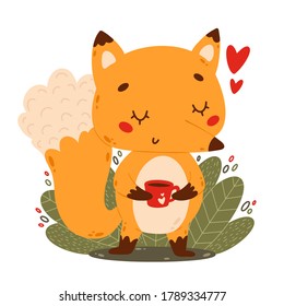 Flat colors vector illustration of cute cartoon fox with coffee mug in doodle style isolated on white background