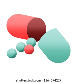 Flat colour illustration of an open capsule pill