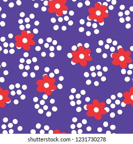 Flat colour Red flowers, polka dot, seamless patern background