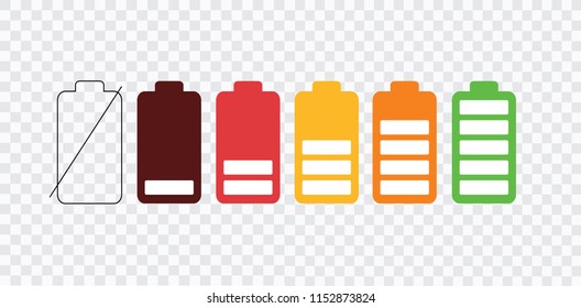 Flat colourful battery charge indicator icons with checkerboard background in vector graphics