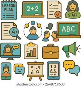 A flat, colourful cartoon-style icon set featuring classroom elements, online teaching, and school communication tools — ideal for educational content and learning apps.