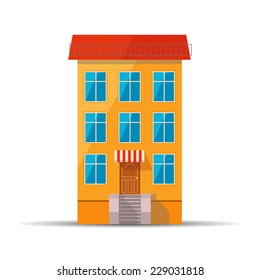 Flat colourful icon of yellow retro house with red roof