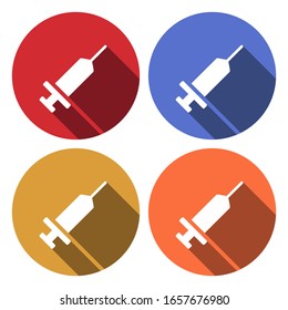 Flat colours circles illustration with long shadow Icon medical syringe with needle. Concept of vaccination, injection