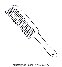 Flat comb hair with handle in doodle style. Isolated outline. Hand drawn vector illustration in black ink on white background.