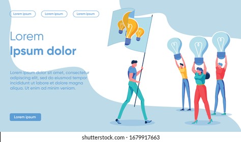 Flat Combination Different Signs Concept Idea. Banner People go on Strike Holding up Dim Lights. Man in Casual Clothes Carries Flag with Image Glowing Light Bulbs. Vector Illustration.