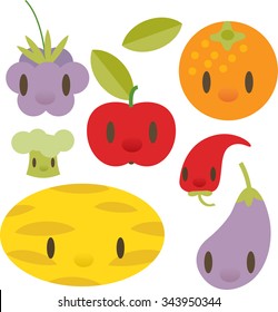 flat comic cartoon vegetable and fruits pictogram: gooseberry, orange, apple, chili pepper, melon, eggplant, broccoli