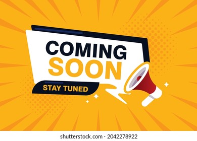 flat coming soon banner with yellow background design, coming soon sign with Toa megaphone speaker template vector