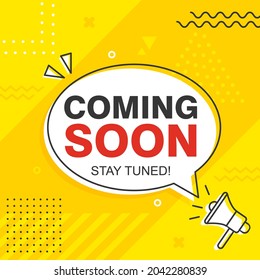 flat coming soon banner with yellow background design, coming soon sign with Toa megaphone speaker template vector