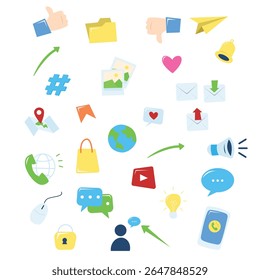Flachbild-Kommunikationssymbole - Sammlung von Social Media, Chat, E-Mail und Multimedia-Vektorgrafiken