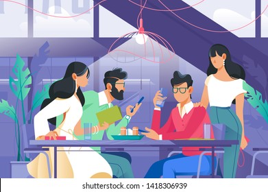 Flat company with woman and man in cafe drinking. Concept customer characters at break, friend relationship. Vector illustration.