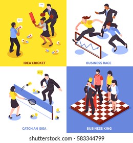 Flat competition business icon set with idea cricket business race catch an idea and business king descriptions vector illustration