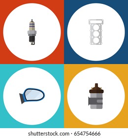 Flat Component Set Of Absorber, Auto Component, Spare Parts And Other Vector Objects. Also Includes Wing, Spark, Combustion Elements.