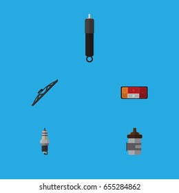 Flat Component Set Of Absorber, Spare Parts, Headlight And Other Vector Objects. Also Includes Combustion, Spark, Plug Elements.
