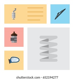 Flat Component Set Of Absorber, Windshield, Silencer And Other Vector Objects. Also Includes Spring, Wiper, Engine Elements.