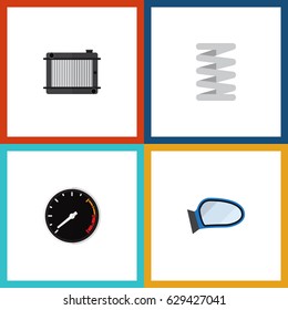Flat Component Set Of Auto Component, Tachometr, Crankshaft And Other Vector Objects. Also Includes Spring, Speedometer, Mirror Elements.