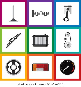 Flat Component Set Of Belt, Car Segment, Conrod And Other Vector Objects. Also Includes Taillight, Valve, Steel Elements.