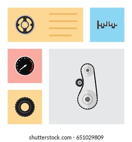 Flat Component Set Of Belt, Tachometr, Steels Shafts And Other Vector Objects. Also Includes Drive, Wheel, Gear Elements.