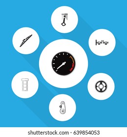 Flat Component Set Of Cambelt, Tachometr, Windshield And Other Vector Objects. Also Includes Shafts, Windshield, Speedometer Elements.