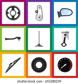 Flat Component Set Of Car Segment, Cambelt, Windshield And Other Vector Objects. Also Includes Car, Tire, Mirror Elements.