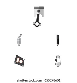 Flat Component Set Of Combustion, Silencer, Gasket And Other Vector Objects. Also Includes Combustion, Muffler, Engine Elements.