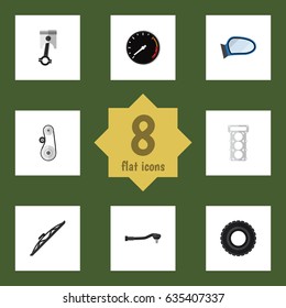 Flat Component Set Of Conrod, Auto Component, Wheel And Other Vector Objects. Also Includes Belt, Windshield, Spherical Elements.