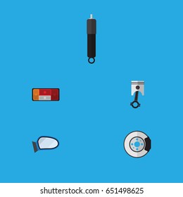 Flat Component Set Of Conrod, Combustion, Metal And Other Vector Objects. Also Includes Headlight, Combustion, Mirror Elements.