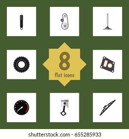 Flat Component Set Of Conrod, Wheel, Gasket And Other Vector Objects. Also Includes Car, Auto, Cambelt Elements.