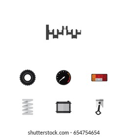 Flat Component Set Of Crankshaft, Tachometr, Steels Shafts And Other Vector Objects. Also Includes Car, Crankshaft, Tire Elements.