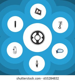 Flat Component Set Of Gasket, Belt, Cambelt And Other Vector Objects. Also Includes Car, Belt, Pulley Elements.