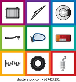 Flat Component Set Of Input Technology, Heater, Headlight And Other Vector Objects. Also Includes Spherical, Tire, Silencer Elements.