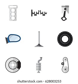 Flat Component Set Of Packing, Steels Shafts, Metal And Other Vector Objects. Also Includes Car, Gasket, Metal Elements.