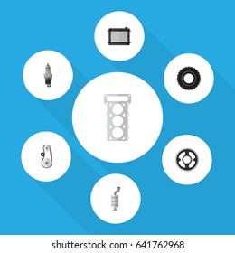 Flat Component Set Of Packing, Wheel, Heater And Other Vector Objects. Also Includes Thermostat, Drive, Combustion Elements.