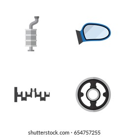Flat Component Set Of Silencer, Auto Component, Steels Shafts And Other Vector Objects. Also Includes Crankshaft, Wing, Car Elements.