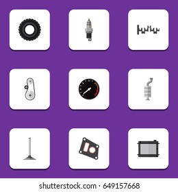 Flat Component Set Of Silencer, Steels Shafts, Car Segment And Other Vector Objects. Also Includes Shafts, Silencer, Packing Elements.