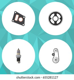 Flat Component Set Of Spare Parts, Cambelt, Belt And Other Vector Objects. Also Includes Gasket, Packing, Cambelt Elements.
