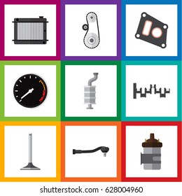 Flat Component Set Of Tachometr, Absorber, Gasket And Other Vector Objects. Also Includes Packing, Tool, Belt Elements.
